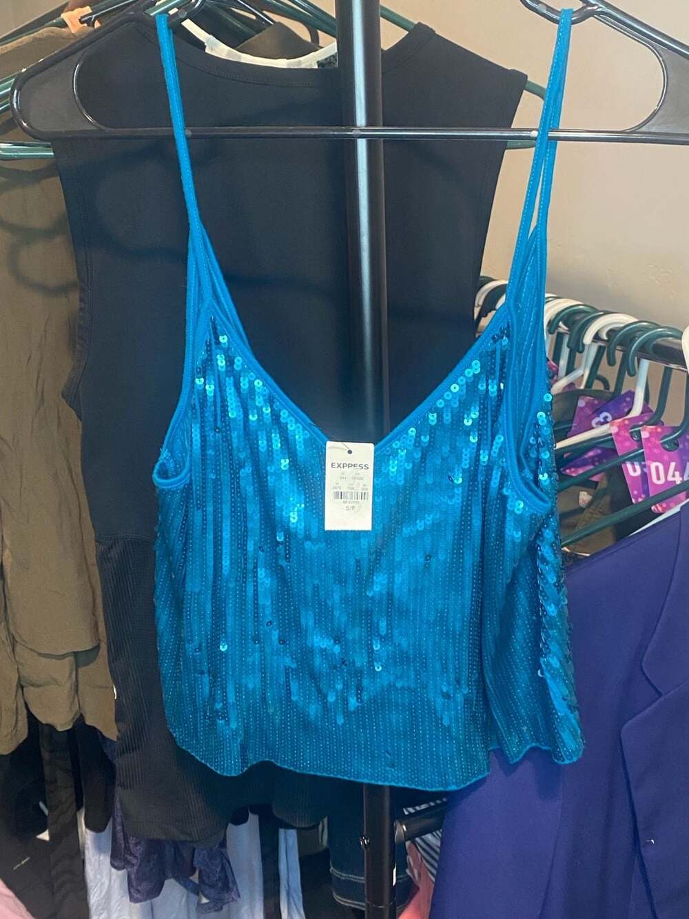 Express Blue Sequin V-Neck Cami Tank Top Size S/P